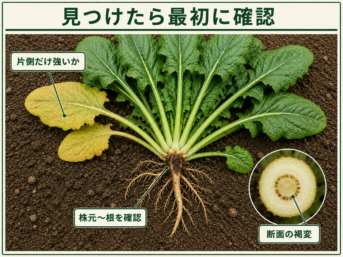 ホウレンソウ萎凋病を見つけたときに確認する片側の黄化、株元から根、根断面の褐変を示した図解