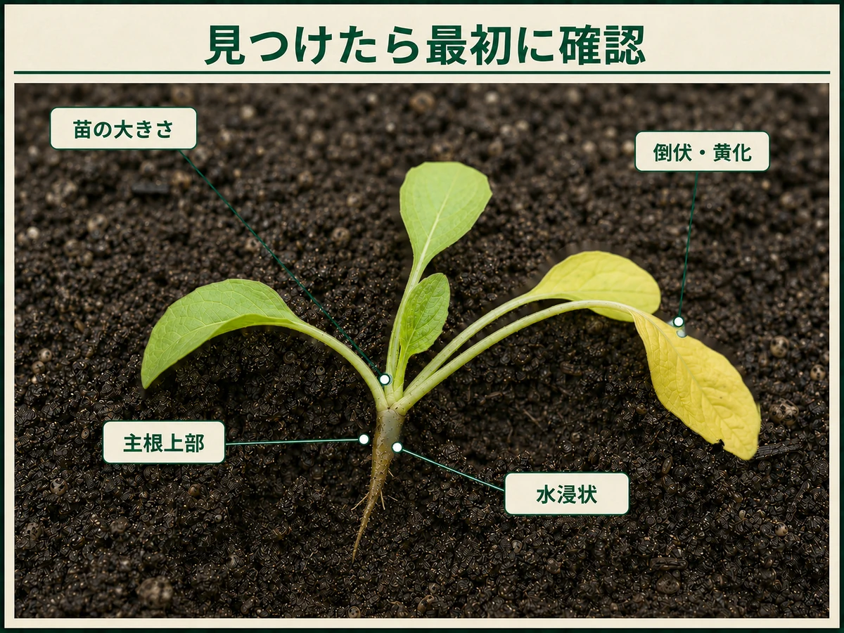 ホウレンソウ根腐病を見つけたときに確認する苗の大きさ、主根上部、水浸状病変、倒伏・黄化を示した図解