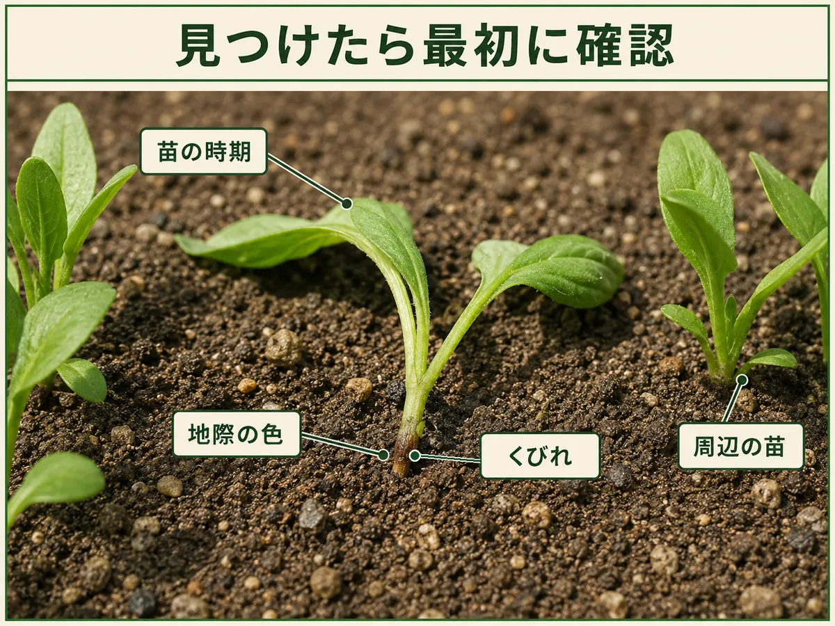 ホウレンソウ立枯病を見つけたときに確認する苗の時期、地際の色、くびれ、周辺の苗を示した図解