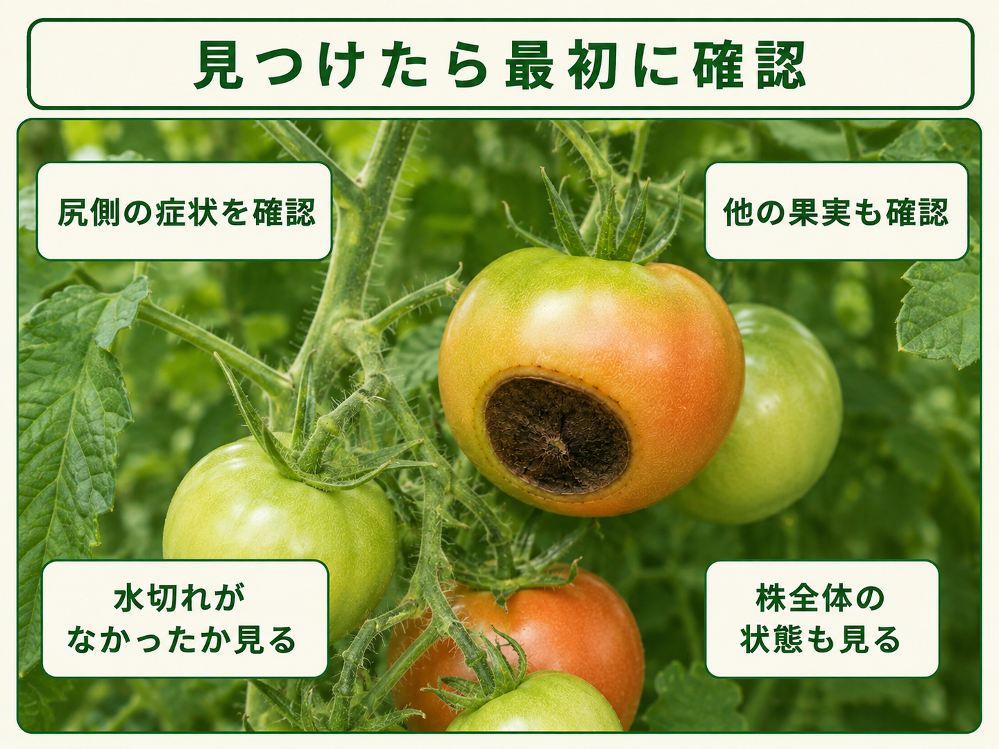 尻腐れ病を見つけたときに最初に確認するトマト果実の症状