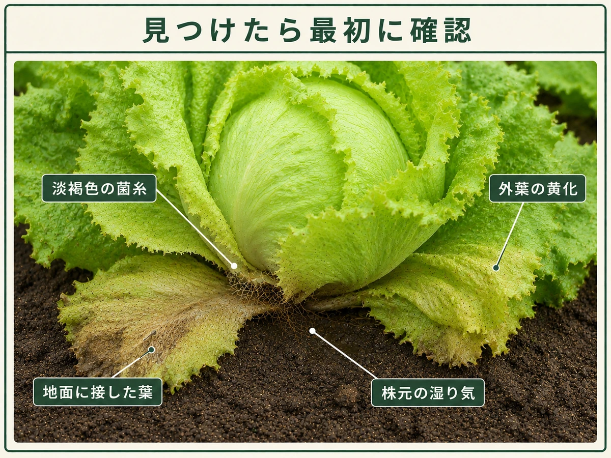 レタスすそ枯病を見つけたときに確認する地面に接した葉、淡褐色の菌糸、外葉の黄化、株元の湿り気を示したレタス