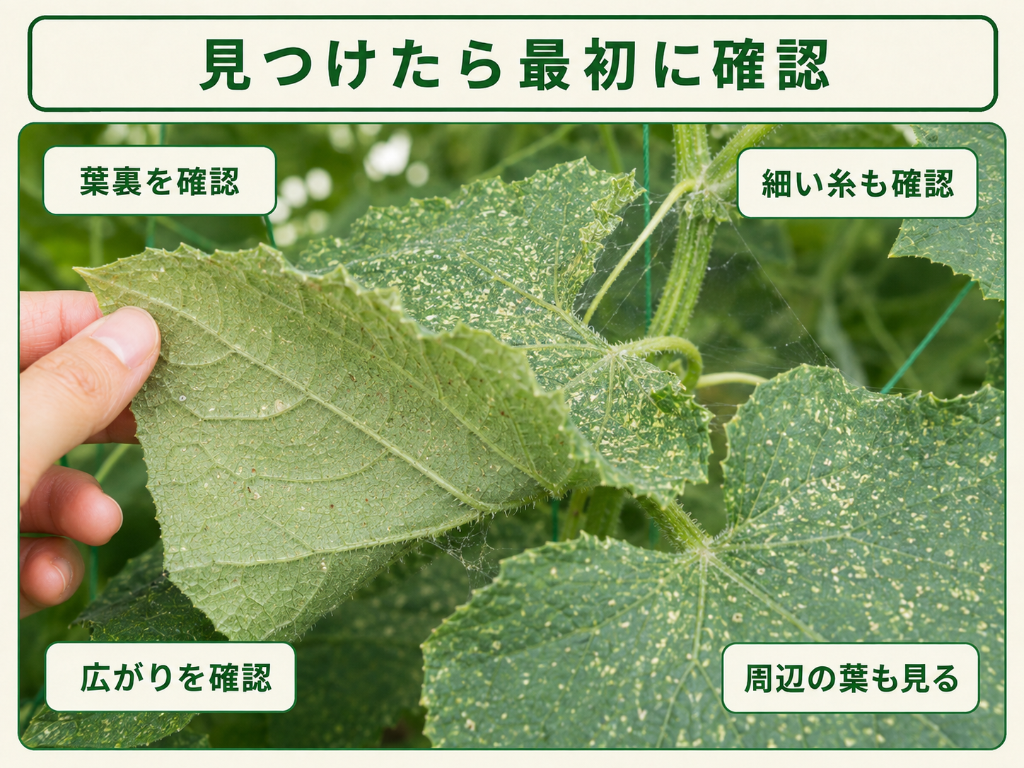 ハダニ類を見つけたときに最初に確認する葉裏と被害葉