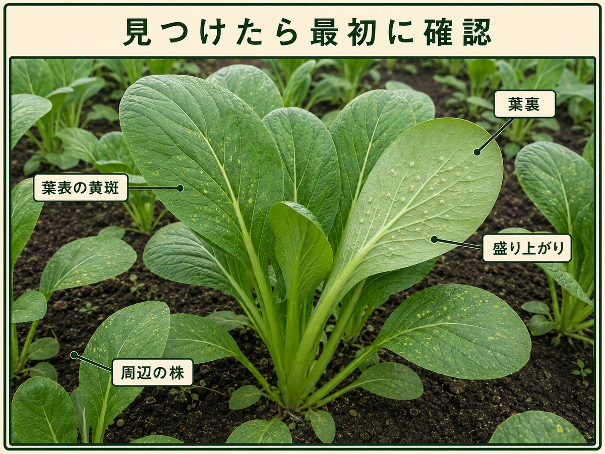 白さび病を見つけたときに確認する葉裏、盛り上がり、葉表の黄斑、周辺の株を示したコマツナ