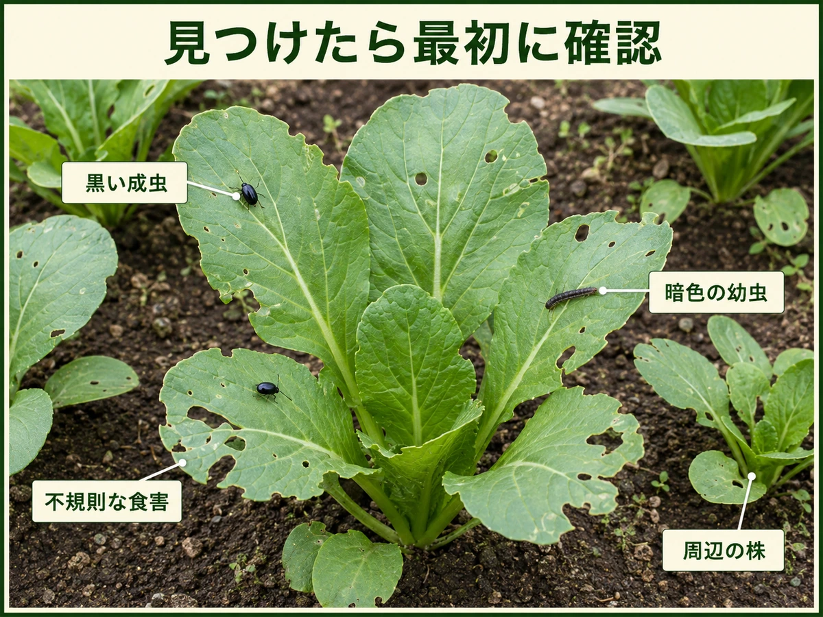 ダイコンサルハムシを見つけたときに確認する黒い成虫、暗色の幼虫、不規則な食害、周辺の株を示したコマツナ