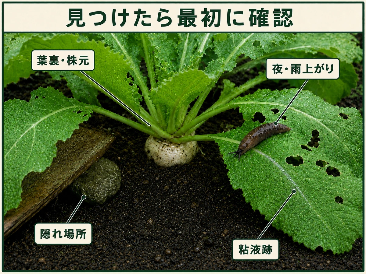 ナメクジ類を見つけたときに確認する粘液跡、夜・雨上がり、葉裏・株元、隠れ場所