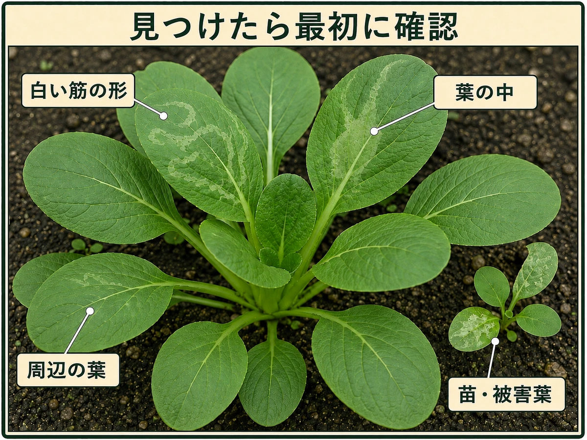 ハモグリバエ類を見つけたときに確認する白い筋の形、葉の中、周辺の葉、苗と被害葉