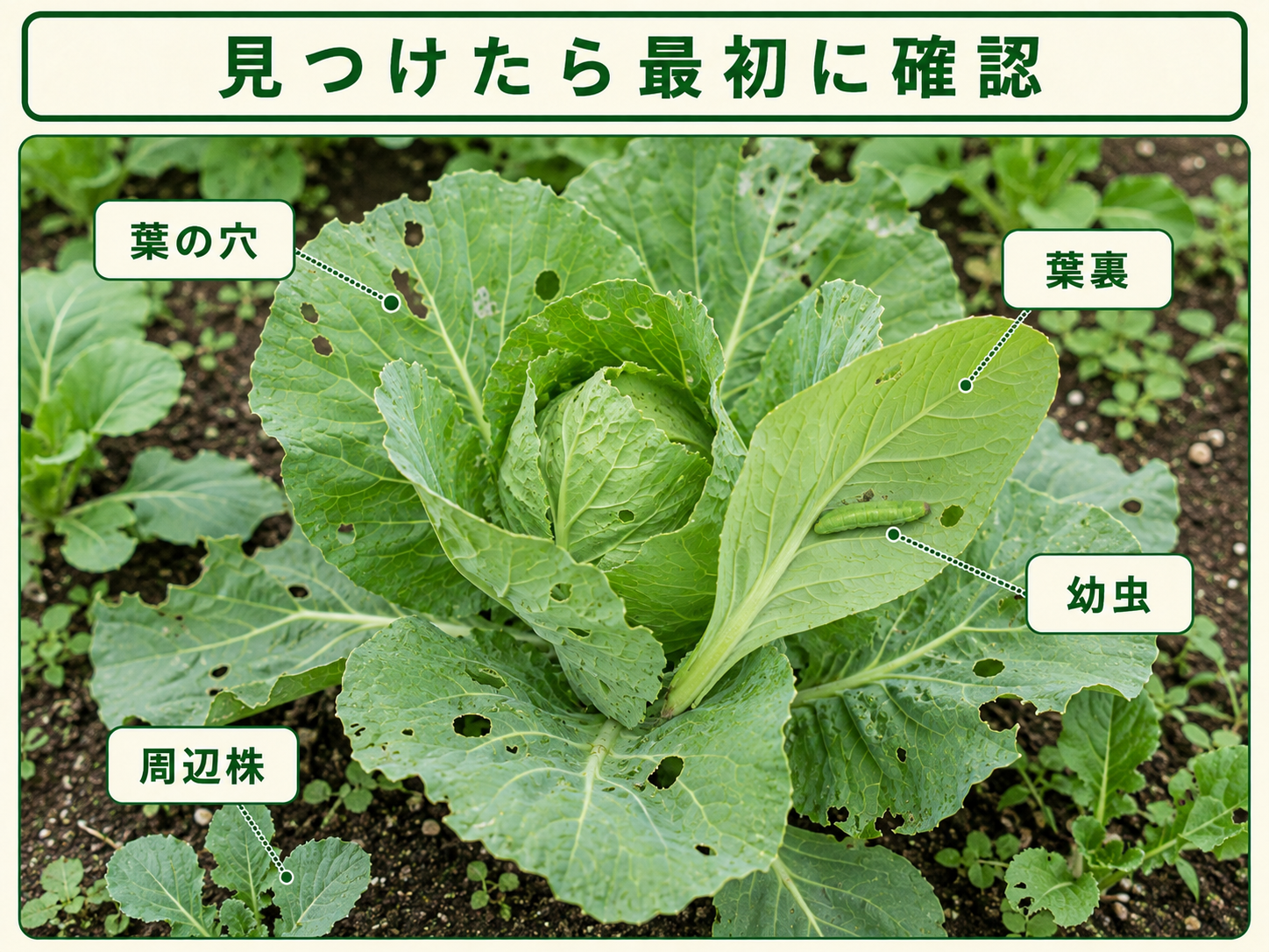 アオムシを見つけたときに確認する葉の穴と葉裏の幼虫