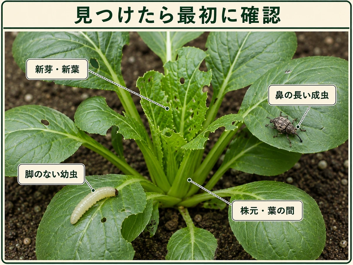 ヤサイゾウムシを見つけたときに確認する新芽と新葉、脚のない幼虫、鼻の長い成虫、株元と葉の間