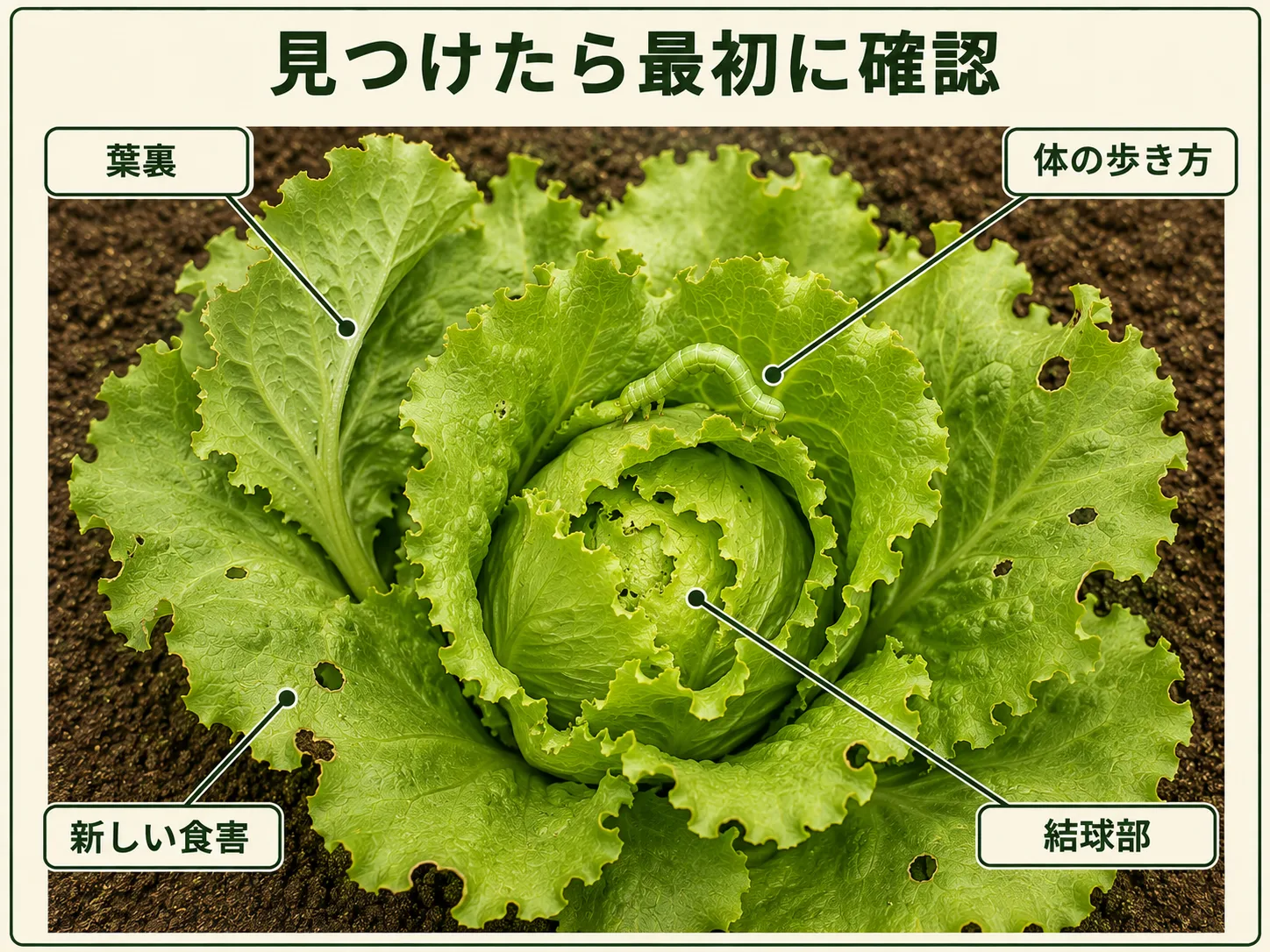 ウワバ類を見つけたときに確認する葉裏、体の歩き方、新しい食害、結球部