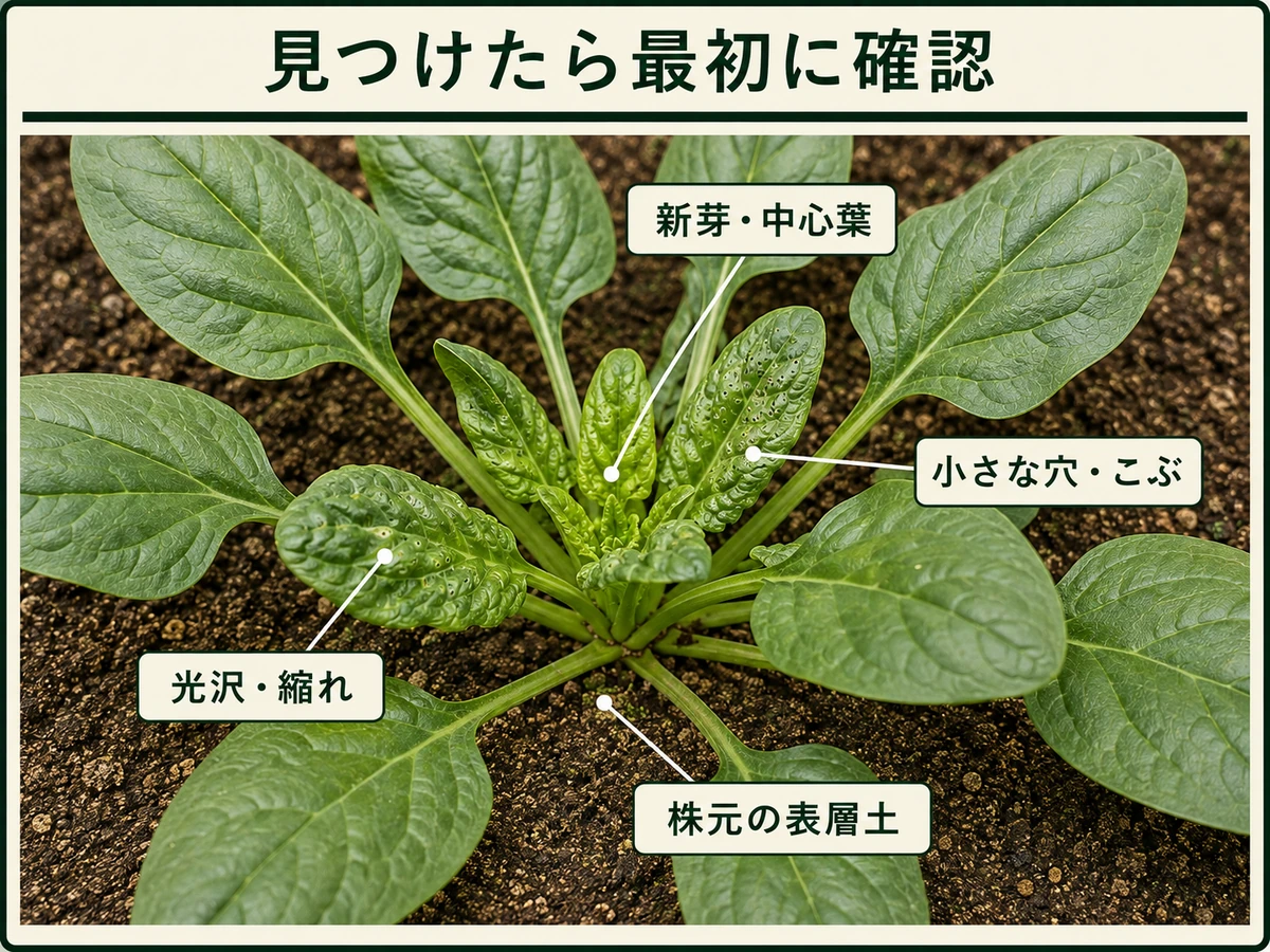 ホウレンソウケナガコナダニを見つけたときに確認する新芽と中心葉、小さな穴とこぶ、光沢と縮れ、株元の表層土