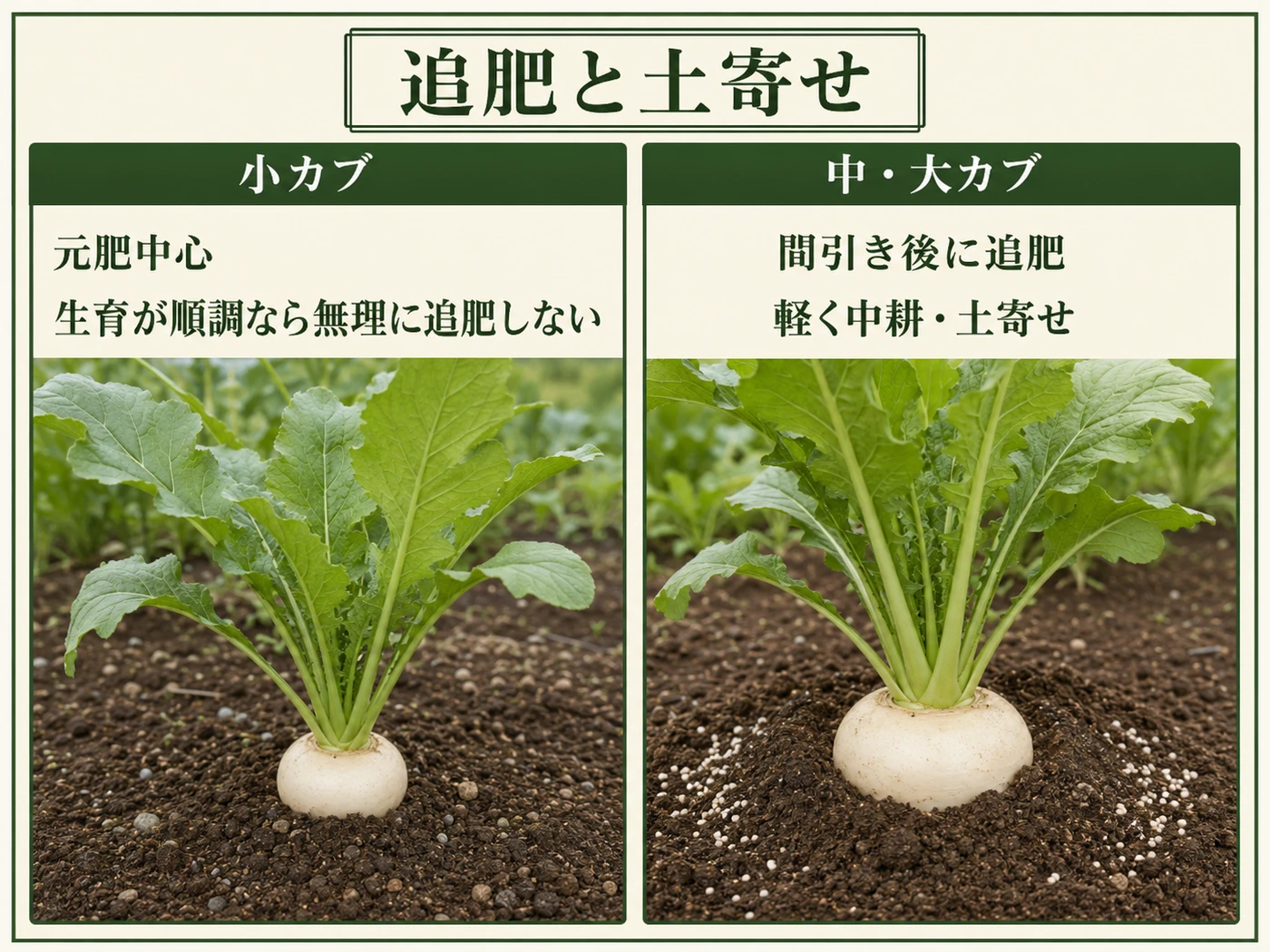小カブは元肥中心、中大カブは間引き後に追肥して軽く土寄せする違い