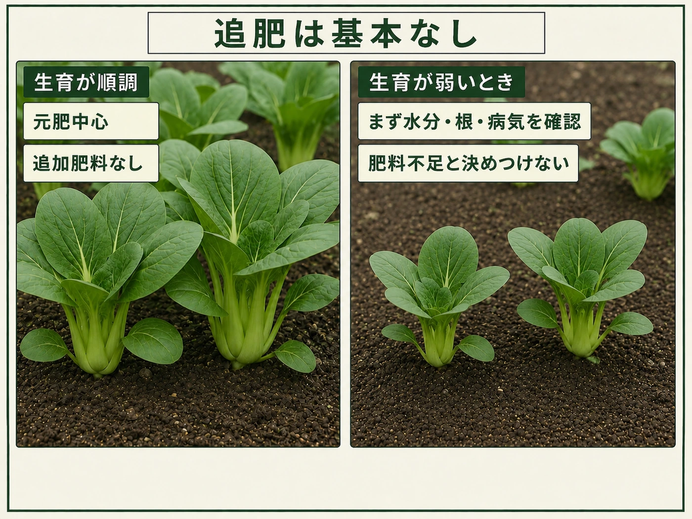 元肥中心で育つチンゲンサイと生育が弱いときの確認ポイント
