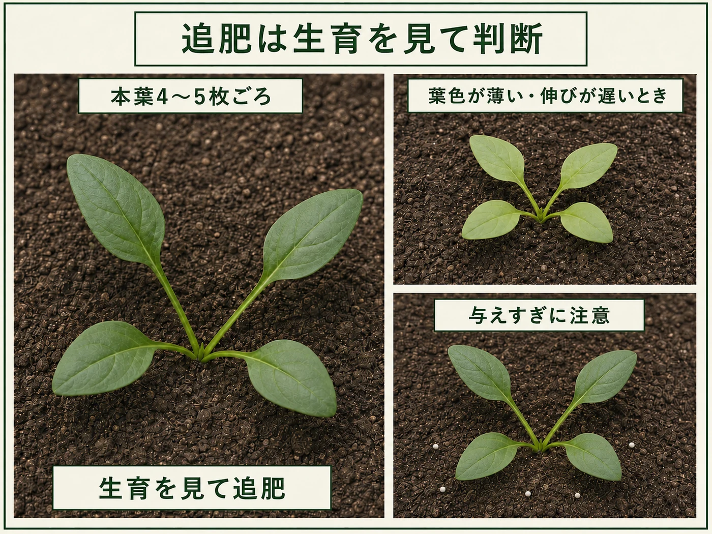 本葉4〜5枚ごろのホウレンソウで生育を見ながら追肥を判断する方法