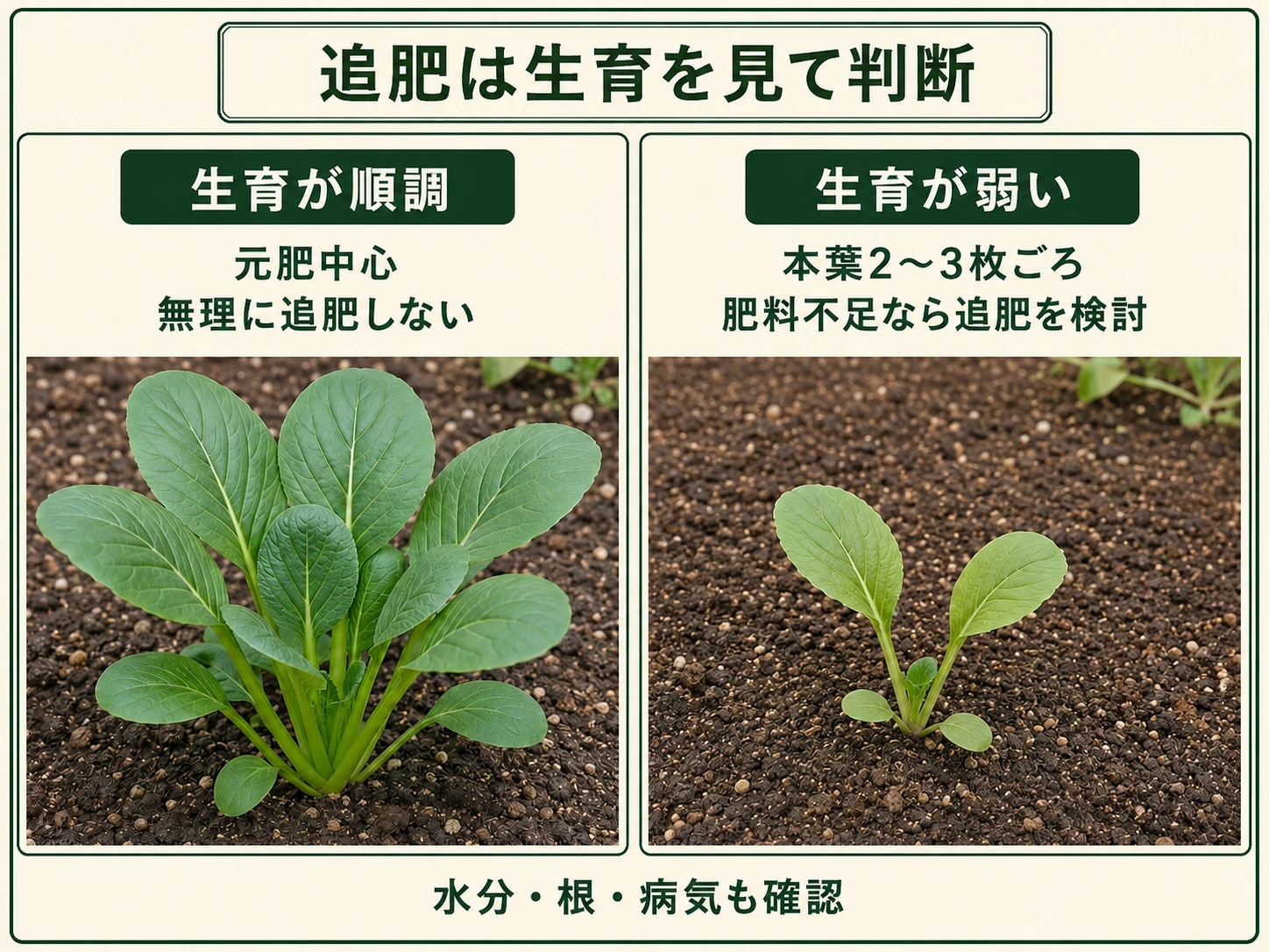 生育が順調なコマツナと肥料不足を確認して追肥を検討する株の比較