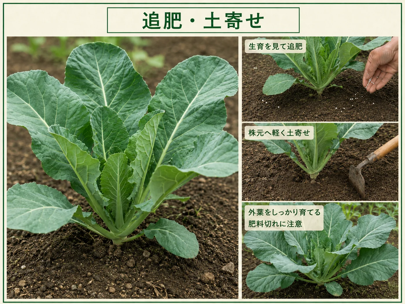 カリフラワーの生育を見ながら追肥し株元へ軽く土寄せする方法