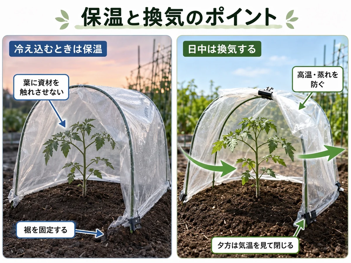 トマト苗の冷え込み時の保温と日中の換気方法を左右で比較した説明図