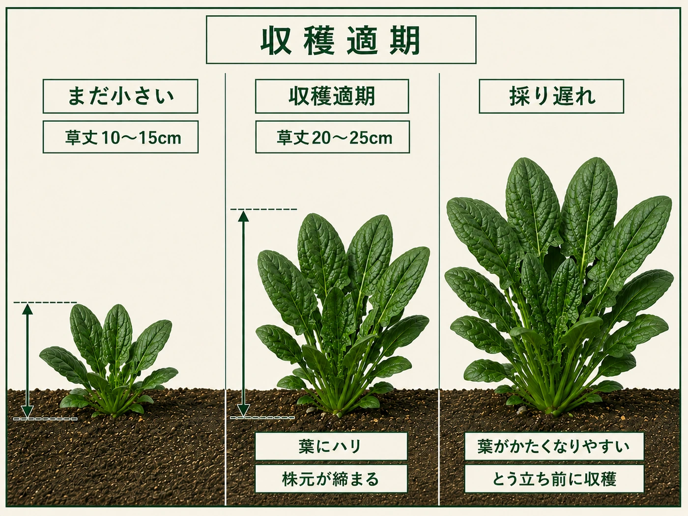 草丈20〜25cmで葉にハリがあるホウレンソウの収穫適期