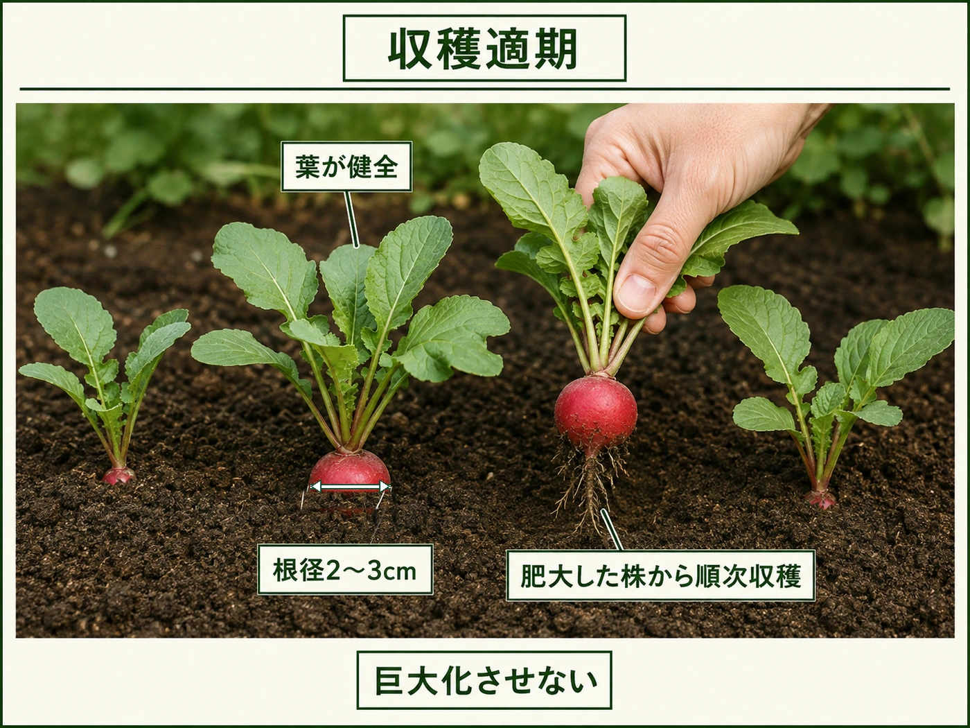 根径2〜3cmに肥大した株から順次収穫するラディッシュの収穫適期