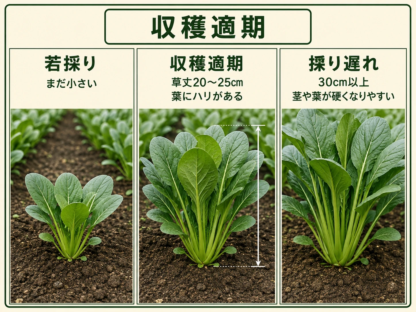 若採り、草丈20〜25cmの収穫適期、30cm以上の採り遅れのコマツナ比較