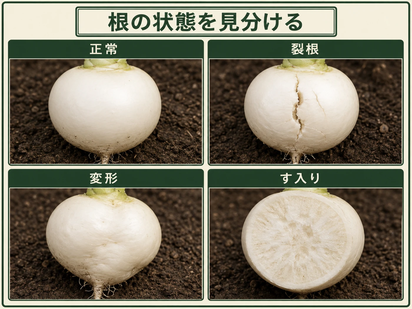 正常なカブと裂根、変形、す入りの違い