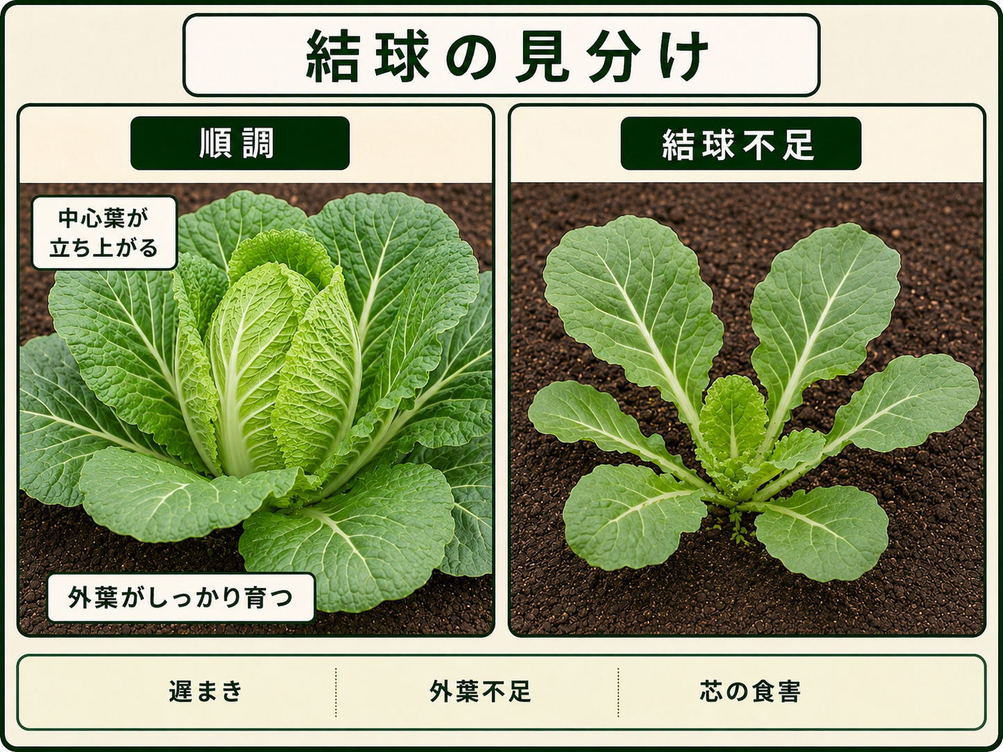 正常に結球し始めたハクサイと結球不足の株の比較