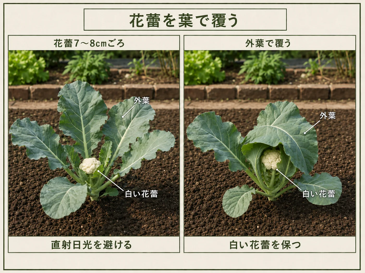 白色カリフラワーの花蕾が7〜8cmになったら外葉で覆って直射日光を避ける方法