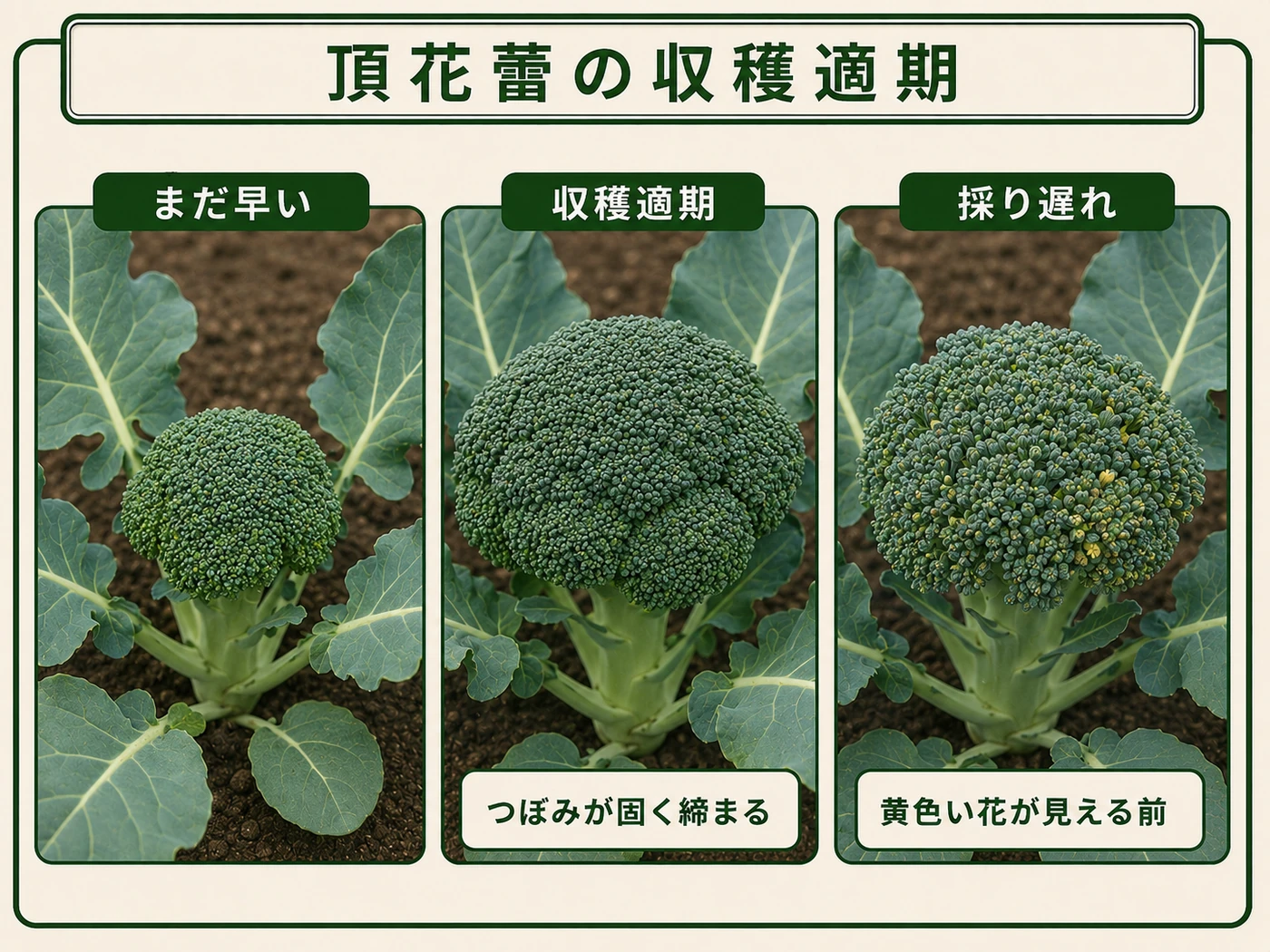 まだ早いブロッコリー、収穫適期の頂花蕾、採り遅れの比較