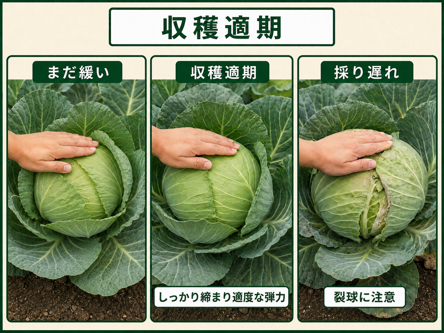 まだ緩いキャベツ、収穫適期の球、採り遅れによる裂球の比較