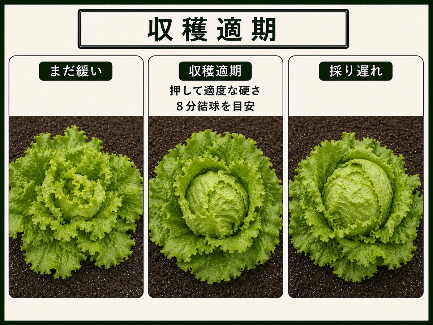 まだ緩いレタス、8分結球の収穫適期、採り遅れの比較