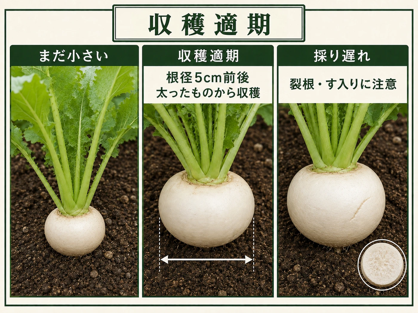 小カブの根径5cm前後を目安にした収穫適期と採り遅れの比較
