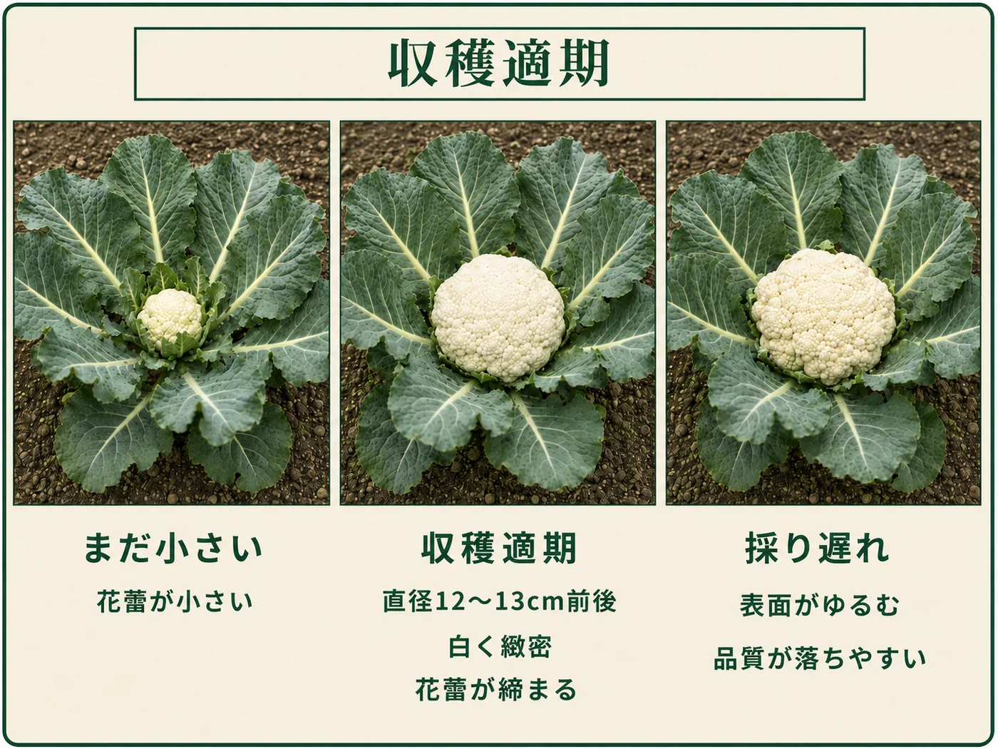 白く緻密な花蕾が直径12〜13cm前後になったカリフラワーの収穫適期