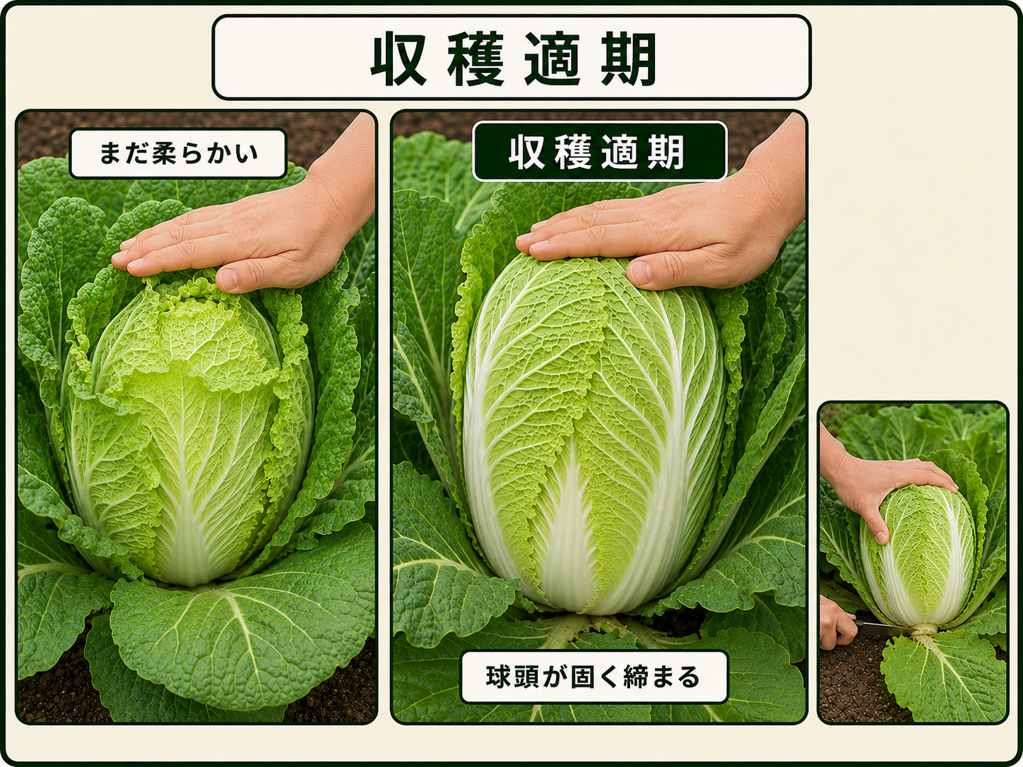 球頭を押して固く締まったハクサイの収穫適期