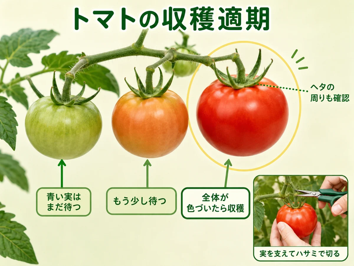 青い実から色づいた実までトマトの収穫適期とハサミでの収穫方法を示した説明図