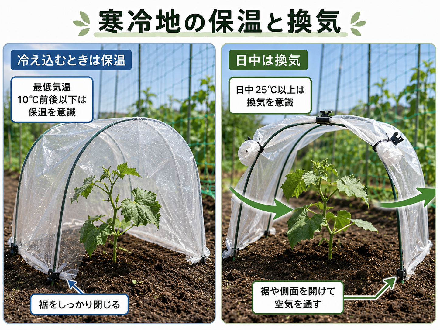 寒冷地でキュウリ苗を保温し換気する様子