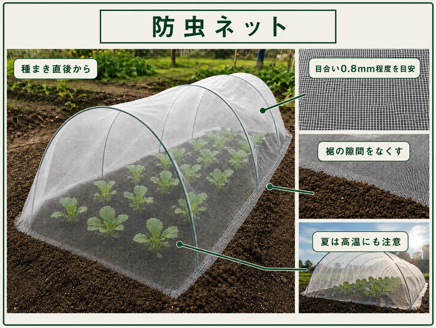 チンゲンサイの種まき直後から0.8mm程度の防虫ネットを掛ける方法