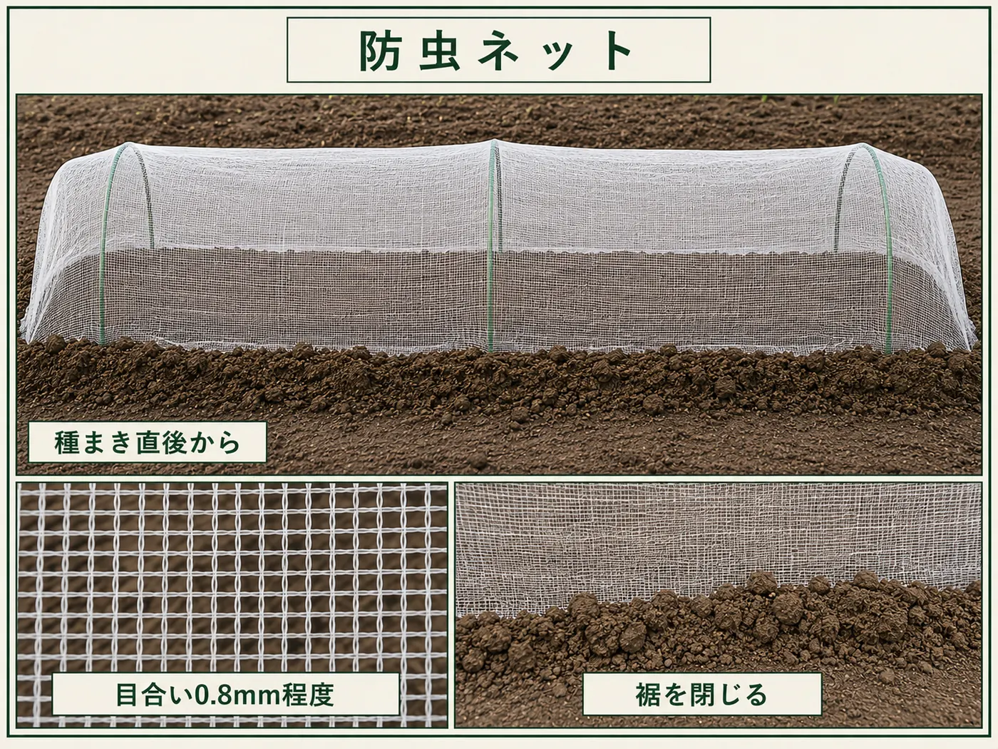 ホウレンソウの種まき直後から0.8mm程度の防虫ネットを掛けて裾を閉じる方法