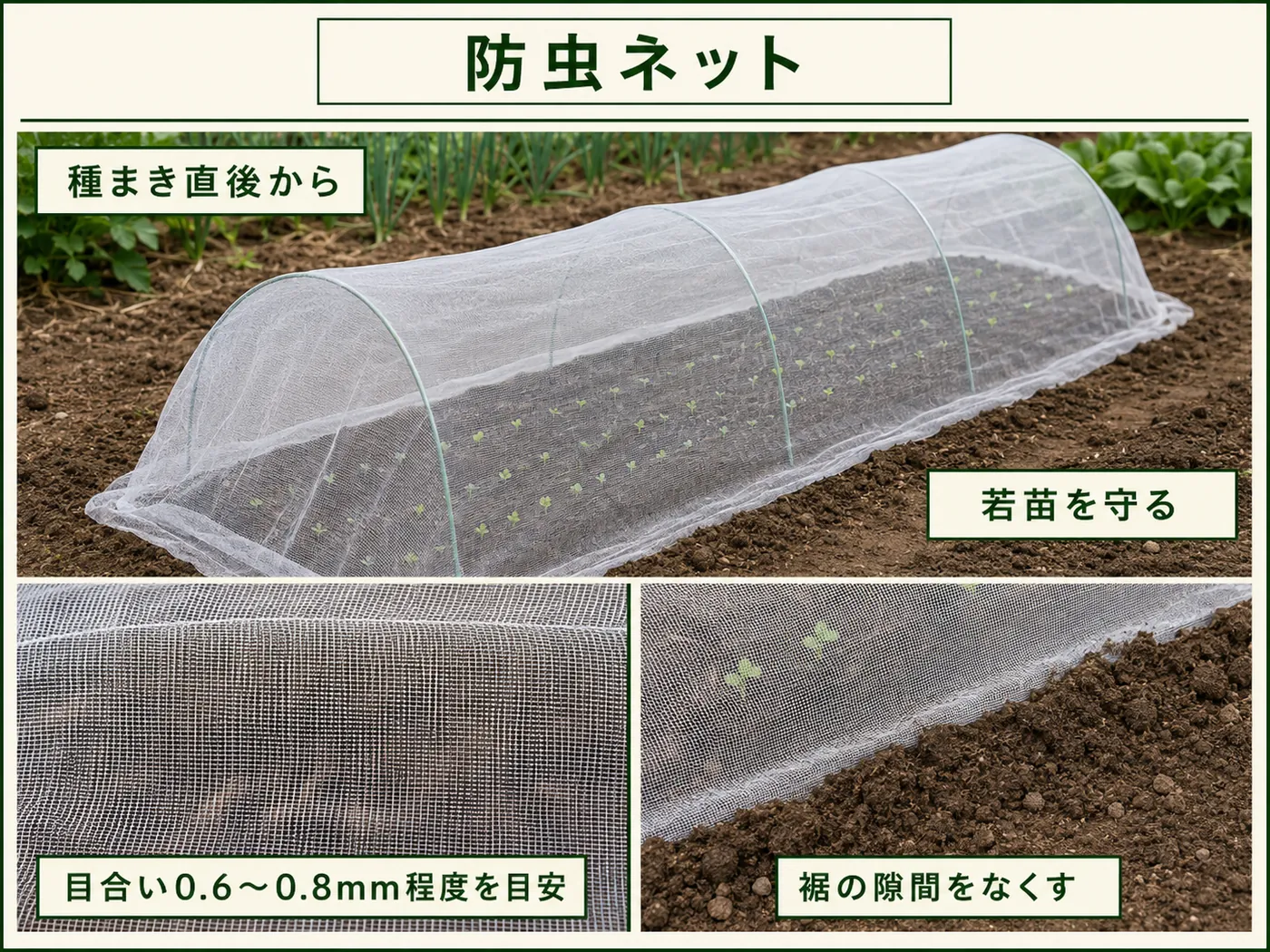 ラディッシュの種まき直後から0.6〜0.8mm程度の防虫ネットを掛ける方法
