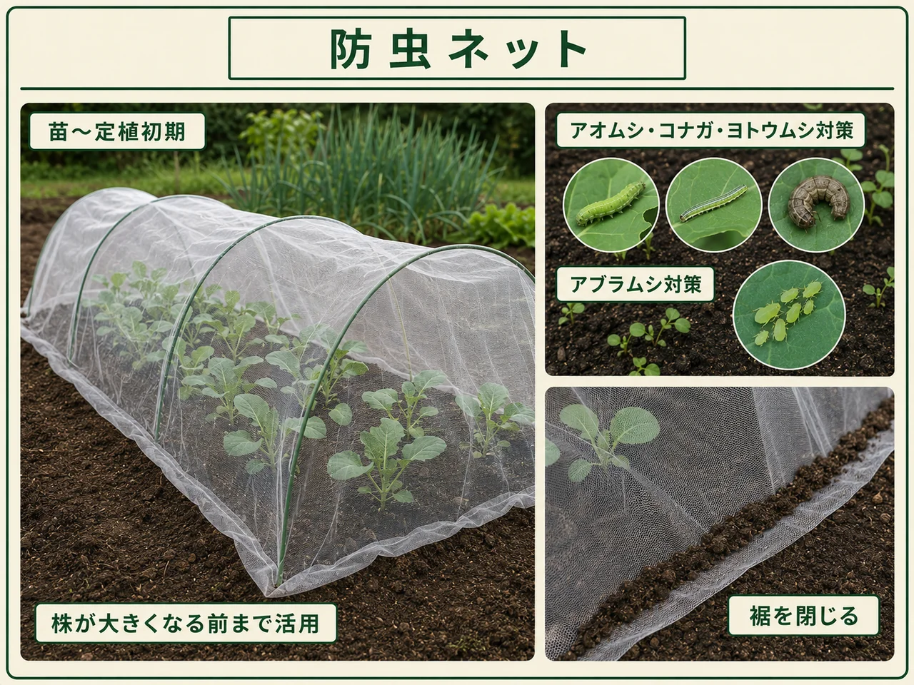 芽キャベツの苗から定植初期に防虫ネットを掛けて裾を閉じる方法