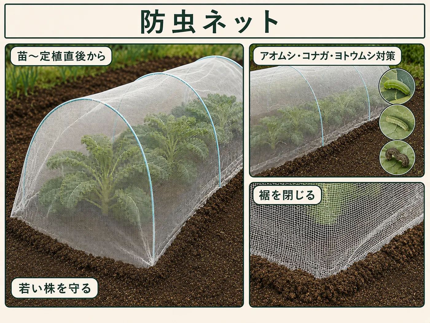 ケールの苗から定植直後に防虫ネットを掛けて裾を閉じる方法