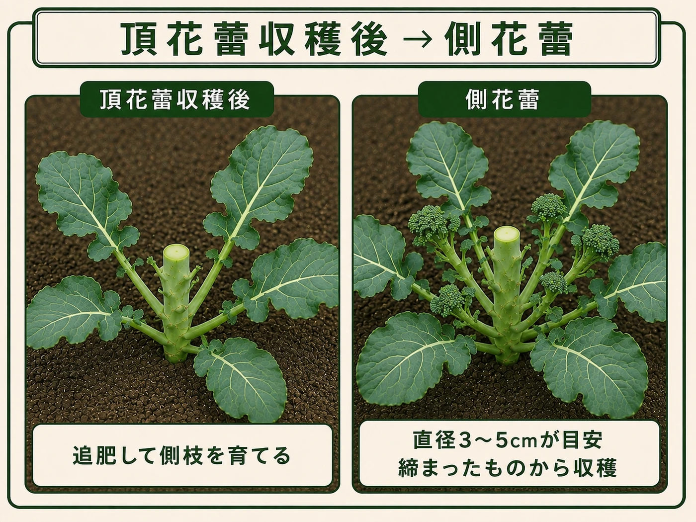 頂花蕾を収穫した後に側枝から側花蕾が出るブロッコリーの流れ