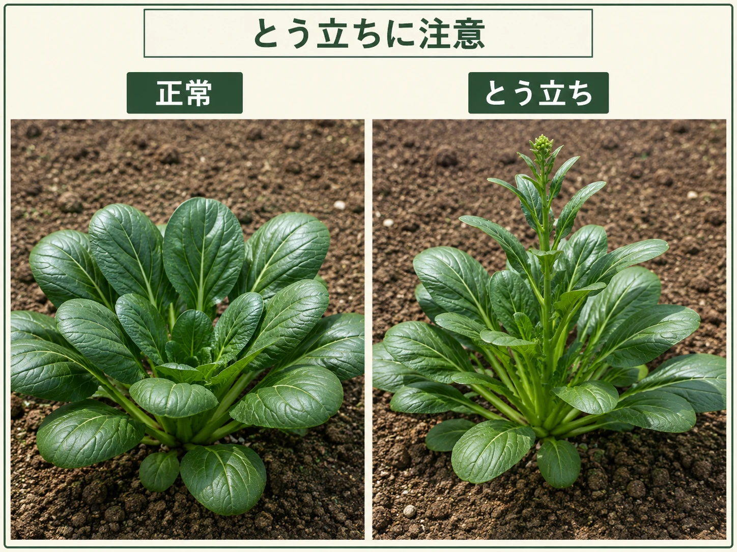 正常に葉が育つコマツナと低温後に中心の花茎が伸びてとう立ちした株の比較
