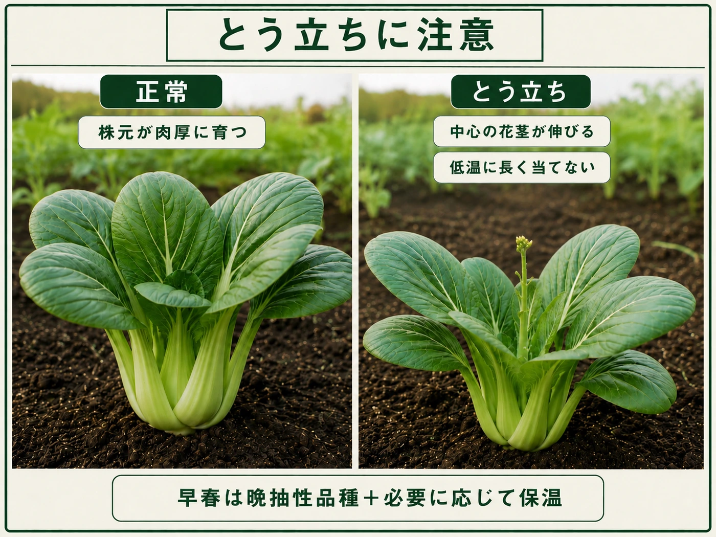 正常に株元が育つチンゲンサイと低温後に中心の花茎が伸びたとう立ち株の比較