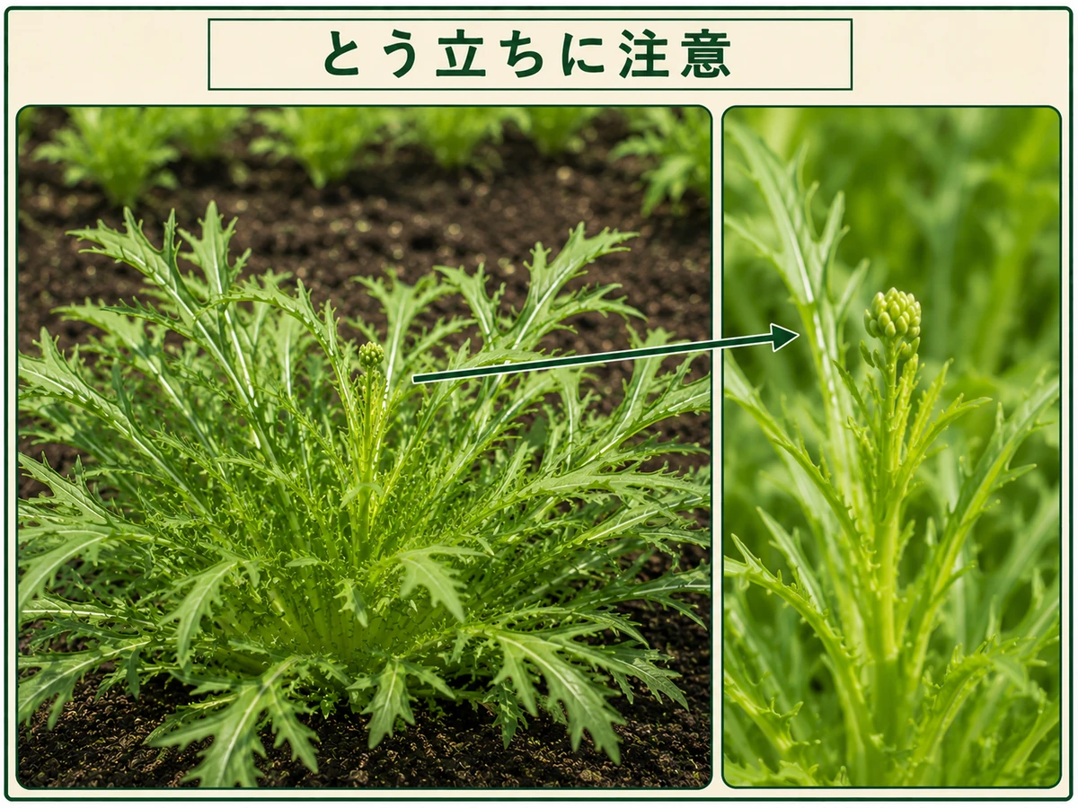 正常に葉が増えるミズナと低温後に中心の花茎が伸びたとう立ち株の比較