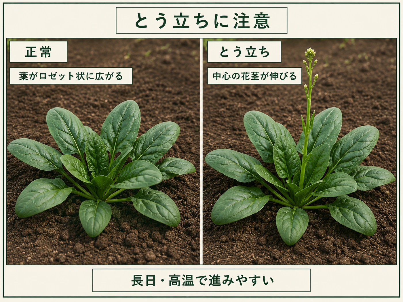 正常に葉が増えるホウレンソウと中心の花茎が伸びたとう立ち株の比較
