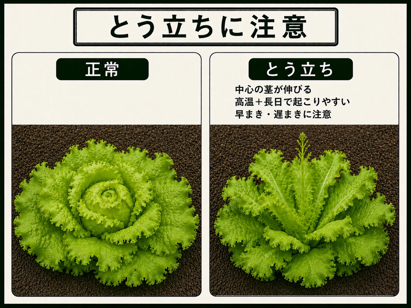 正常に結球するレタスと高温・長日でとう立ちしたレタスの比較