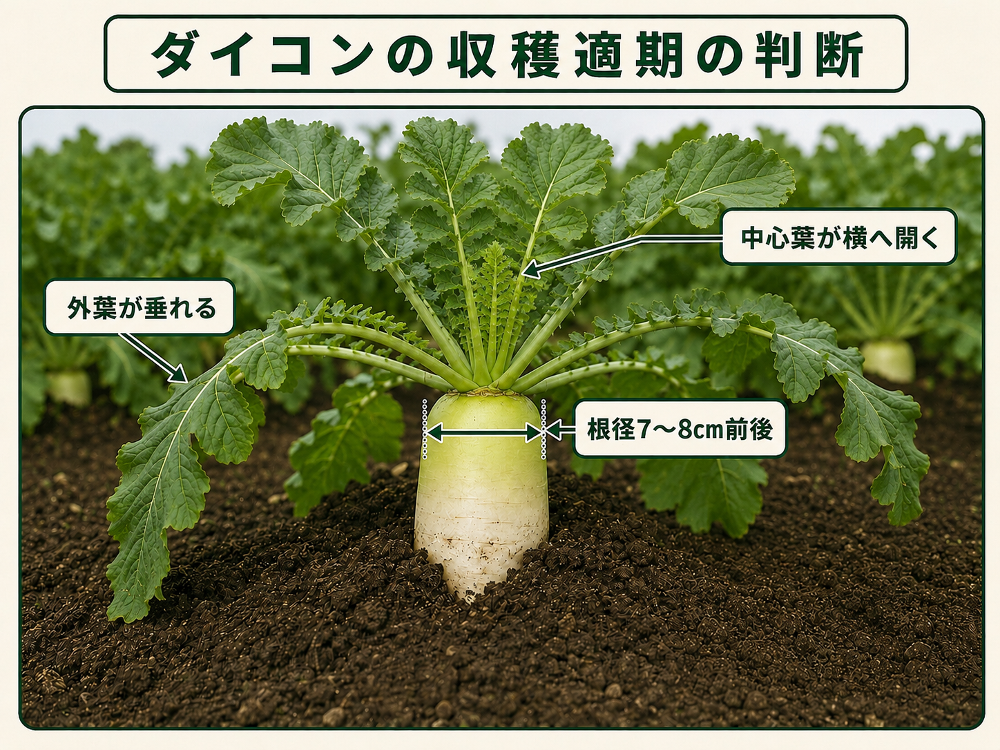 ダイコンの根径7〜8cmと外葉・中心葉の姿で見る収穫適期