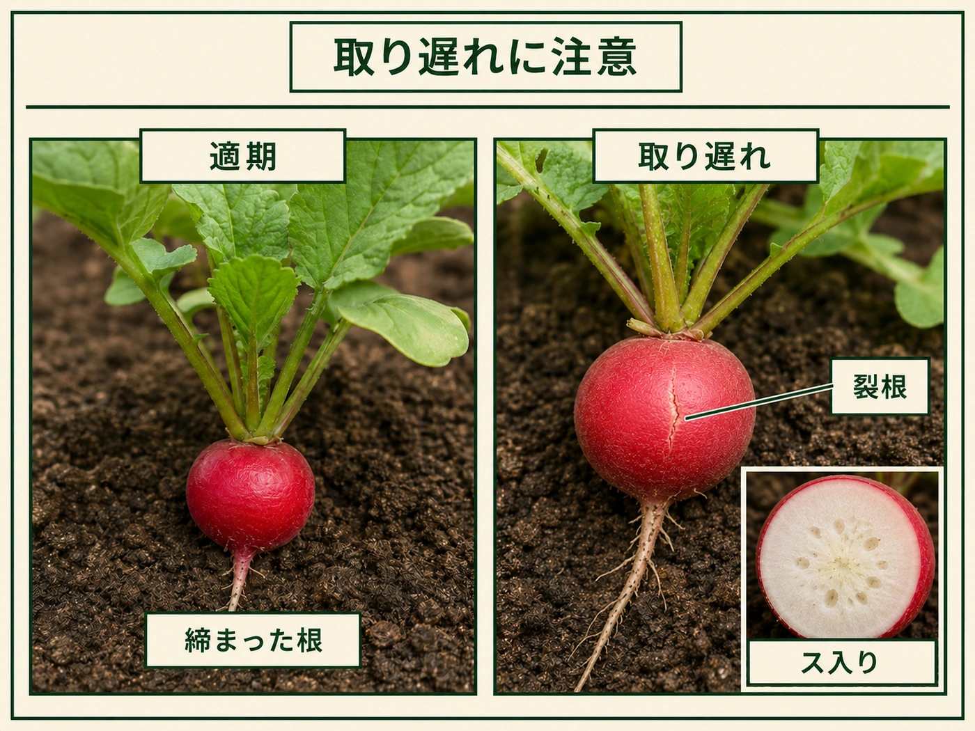 収穫適期の締まったラディッシュと取り遅れによるス入り・裂根の比較