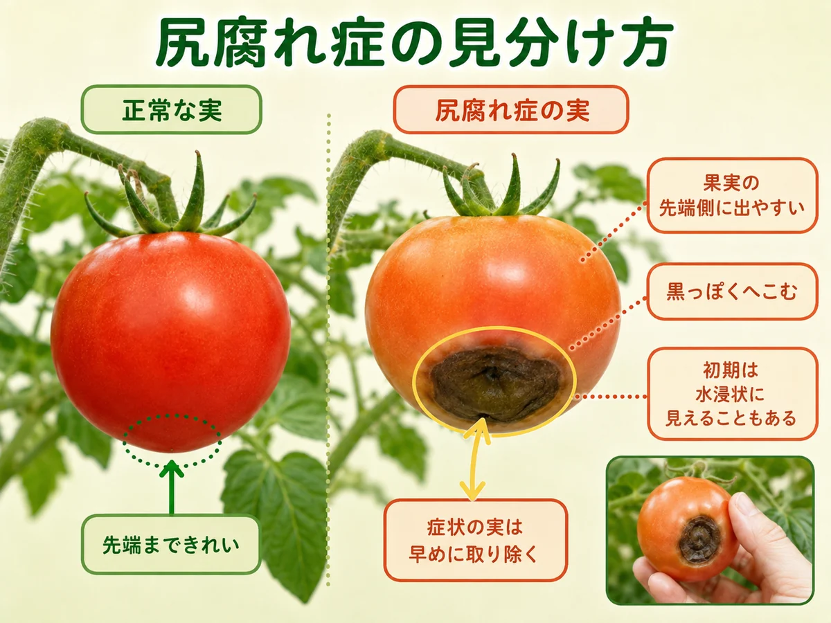 正常なトマトと尻腐れの症状が出た実を比較し果実の尻側の黒いへこみを示した説明図