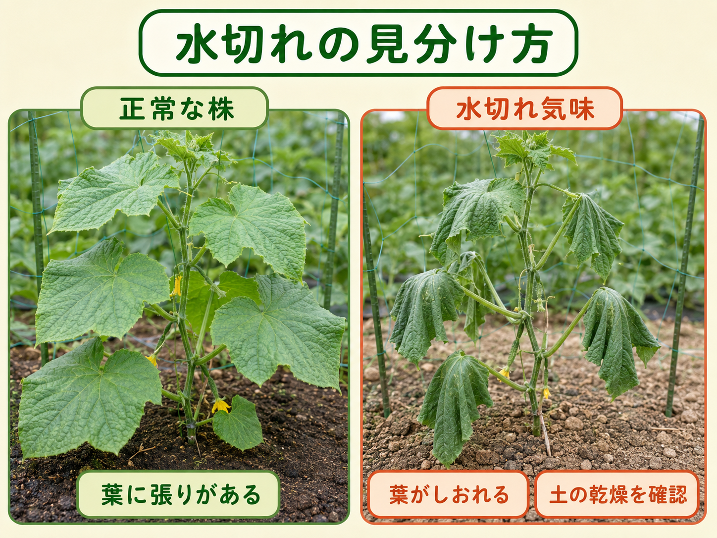 健康なキュウリ株と水切れでしおれた株の比較