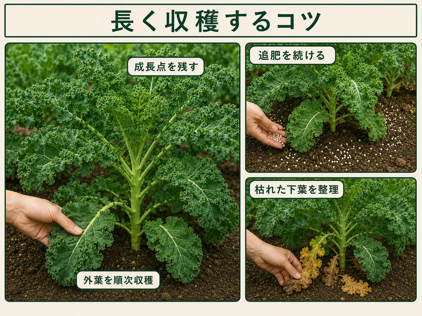 外葉を順次収穫し成長点を残して長く収穫するケールの管理方法